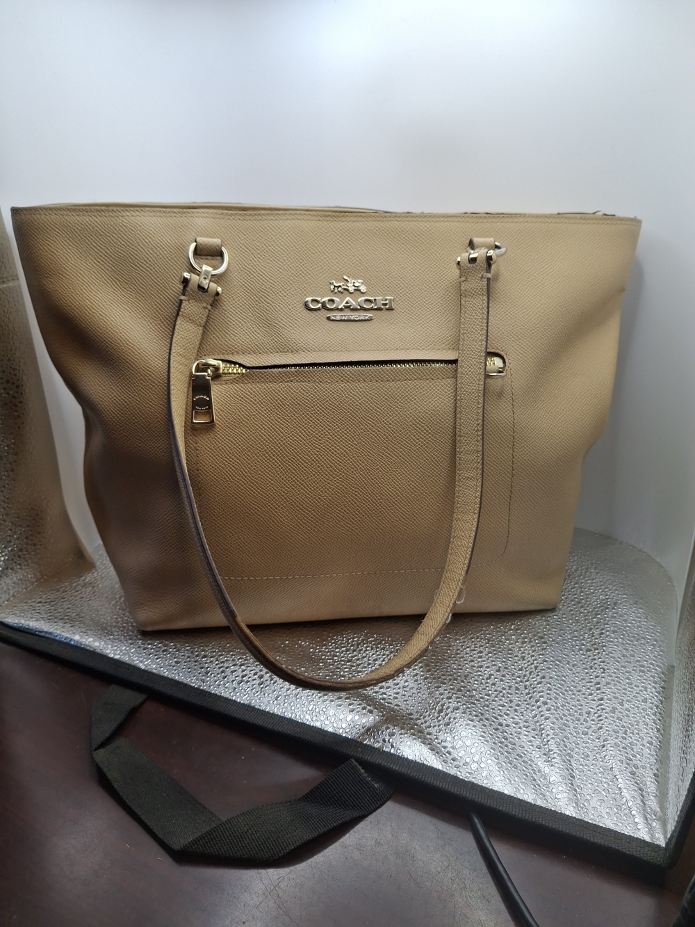 Fair Condition Coach Tan Leather Tote Bag with Front Zip Pocket